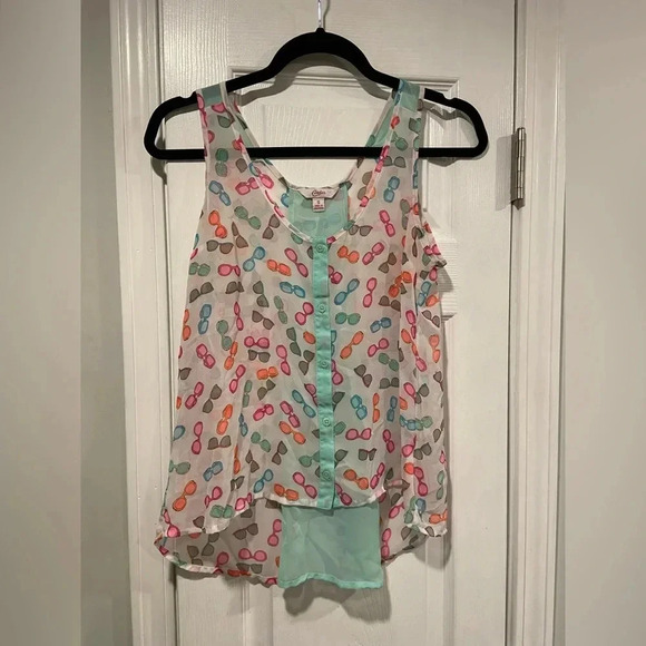 Candies Sheer Neon Sunglasses Print Flowy Button Tank Top Beach Travel Size S - Picture 1 of 9